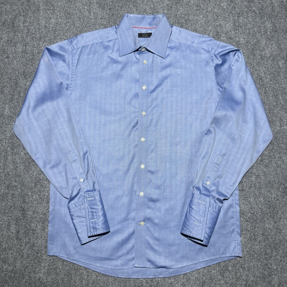 Eton Ganghester 1928 Twill French Cuff Button Up Men 42 16.5 Solid Blue Formal